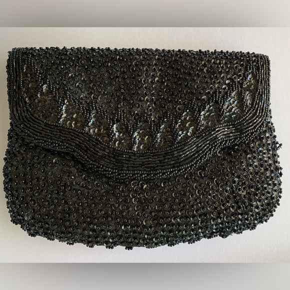 Handbags - Vintage Black Sequined Beaded Flap Clutch Mini bag